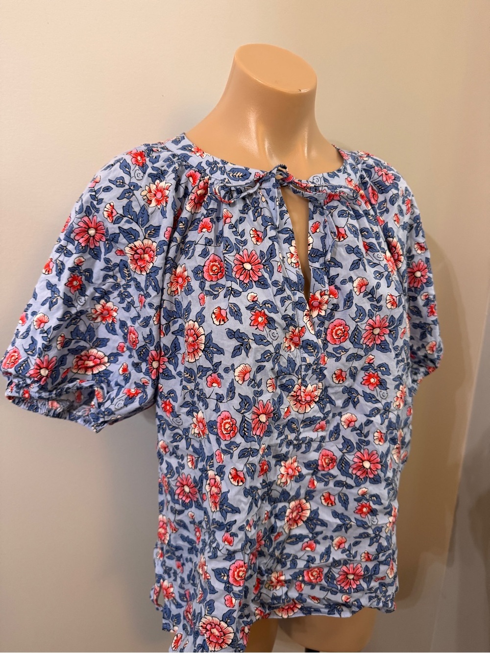 Loft Peasant Floral Top Tie Blouse Medium Blue Pink - Picture 3 of 5
